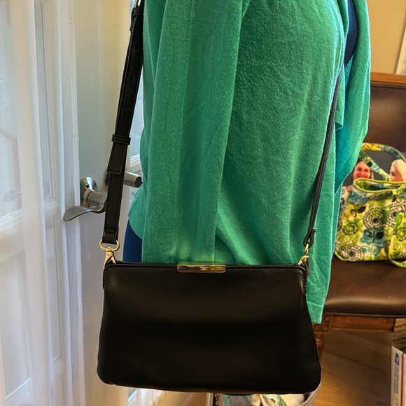 On 34th NWOT black vegan leather clutch/crossbody w/ goldtone hardware & key fob - Picture 2 of 7